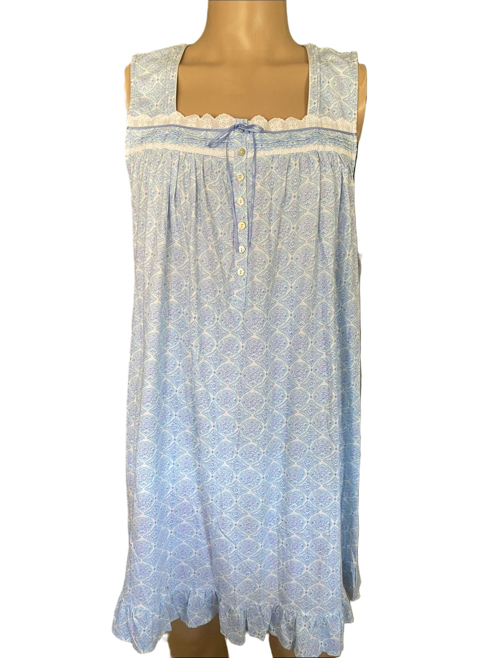 Eileen West Knit Pale Blue Printed Cotton Nightgown with Lace